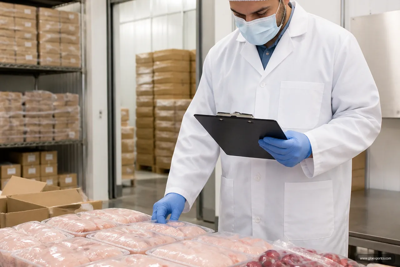 Quality inspector checking frozen product against a pre-shipment checklist