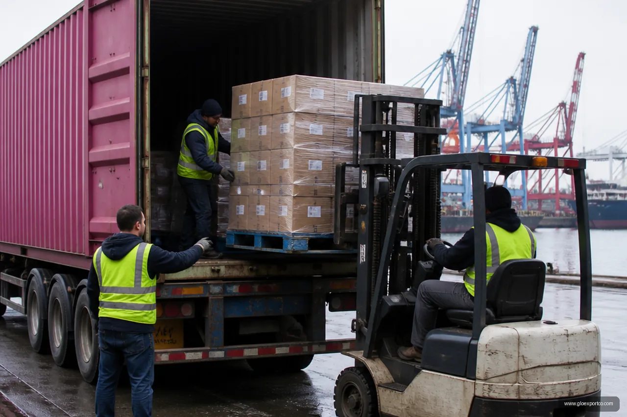 Workers loading cartons into a shipping container for an FOB export shipment